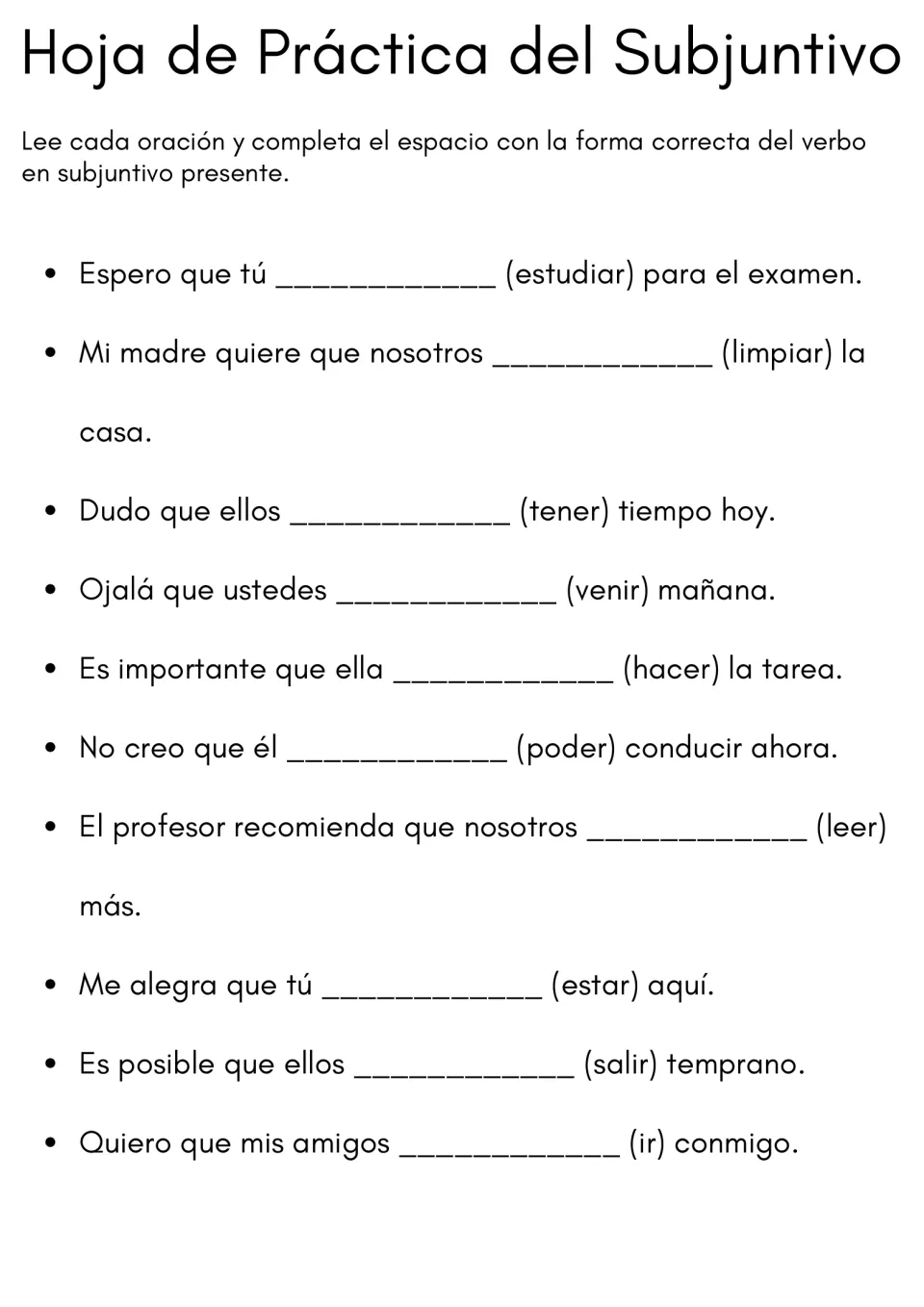 Present subjunctive fill-in: students conjugate verbs like estudiar, tener and venir to complete 10 Spanish sentences