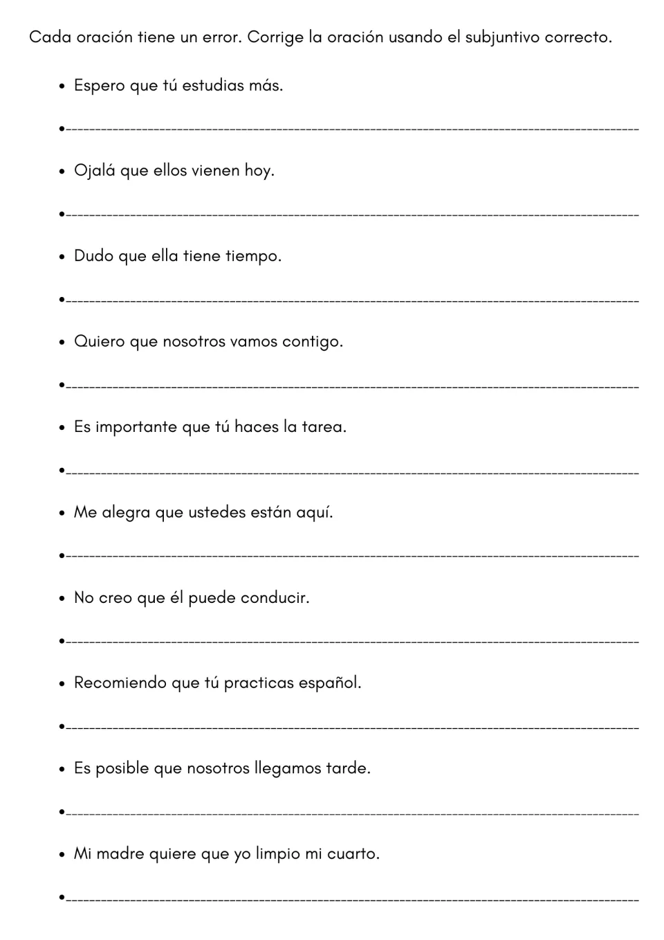 Subjunctive error correction: students rewrite 10 sentences like 'Espero que tú estudias más' with the right verb form