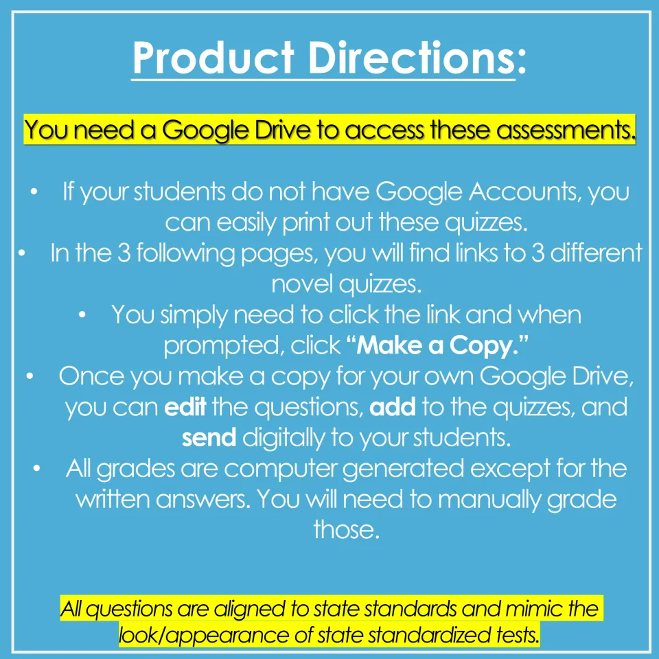 Product directions for the quizzes: teachers need Google Drive, click Make a Copy, then edit and send to students