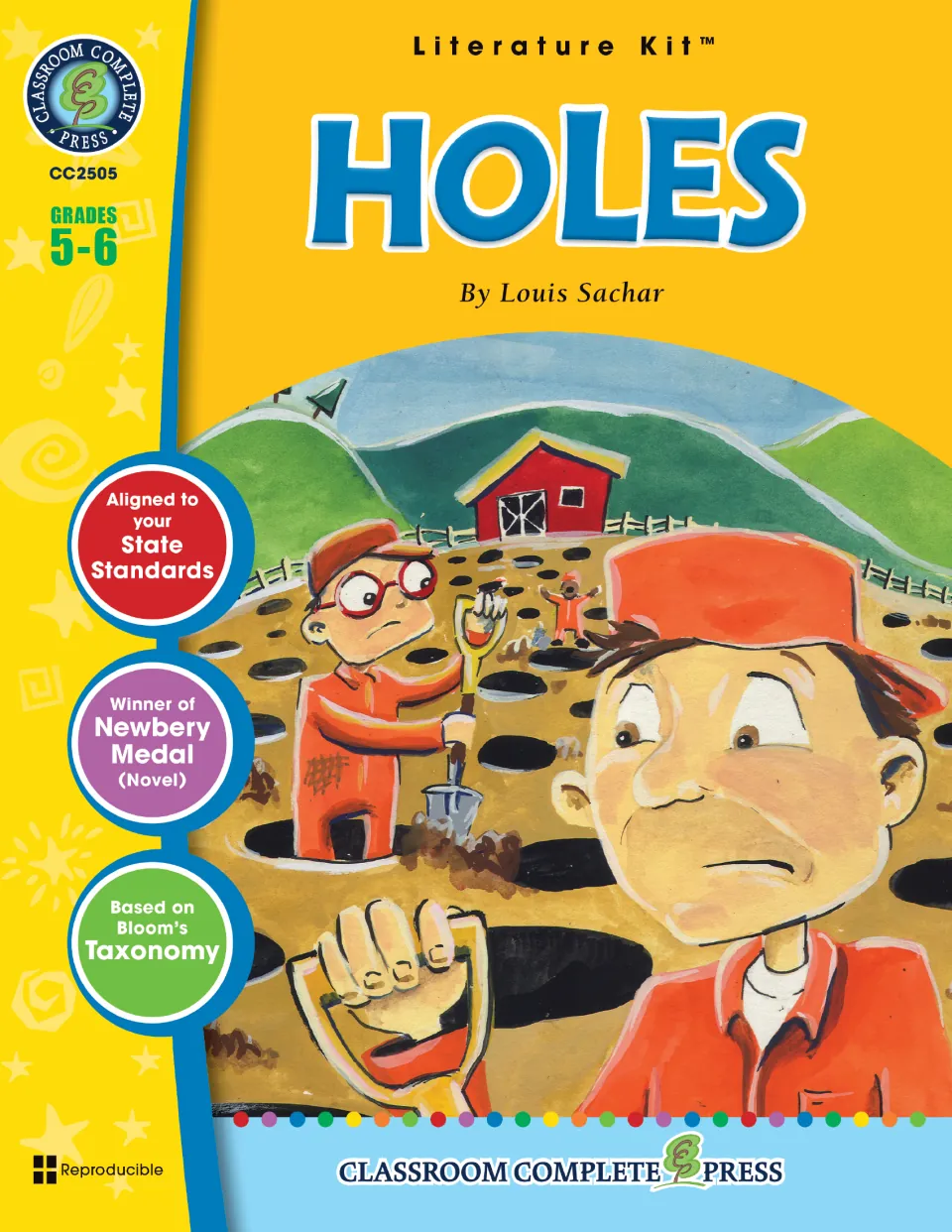 Literature kit cover for Holes by Louis Sachar, labeled grades 5–6 and illustrated with boys digging holes