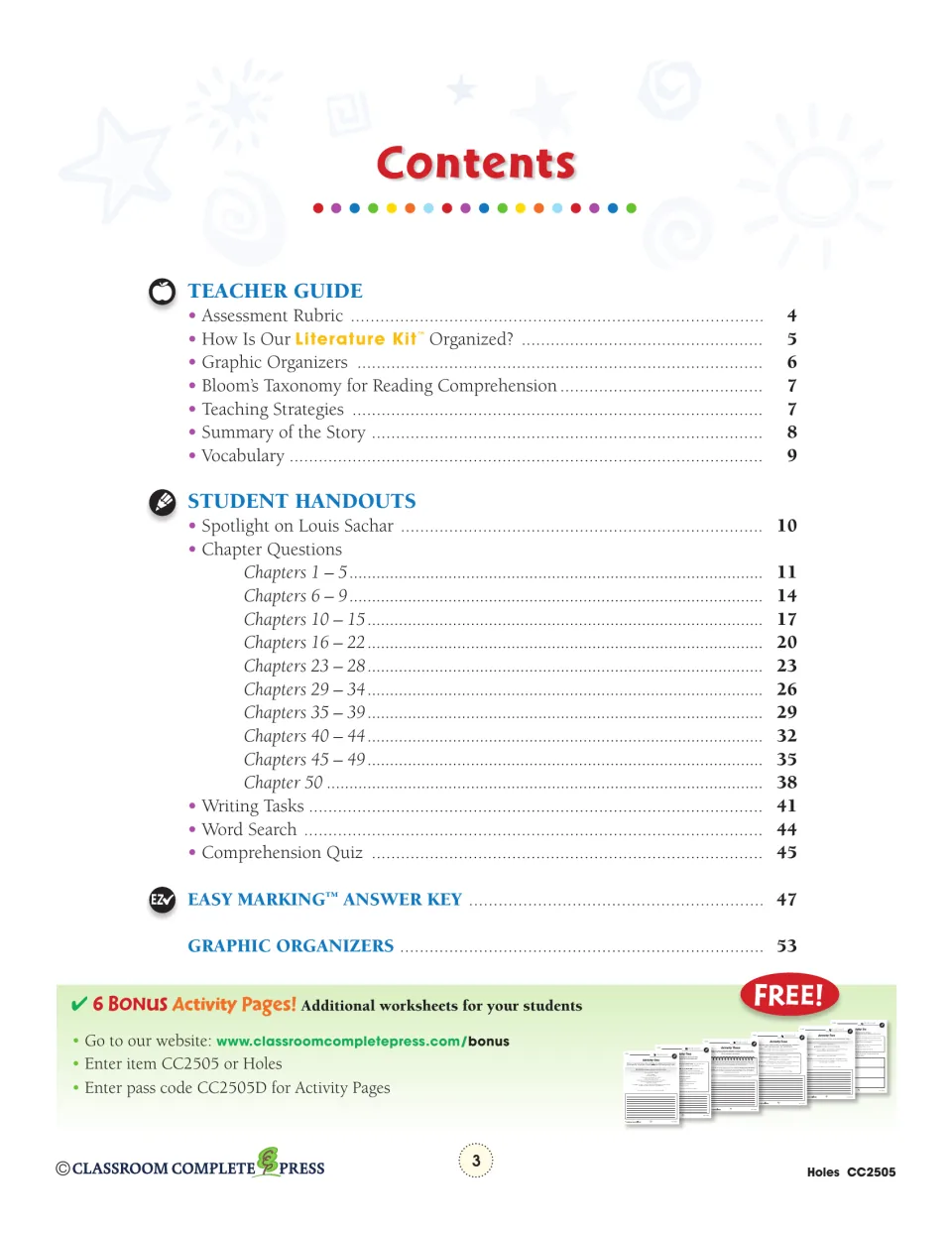 Contents lists the teacher guide, chapter questions, writing tasks, word search, quiz, answer key, and organizers