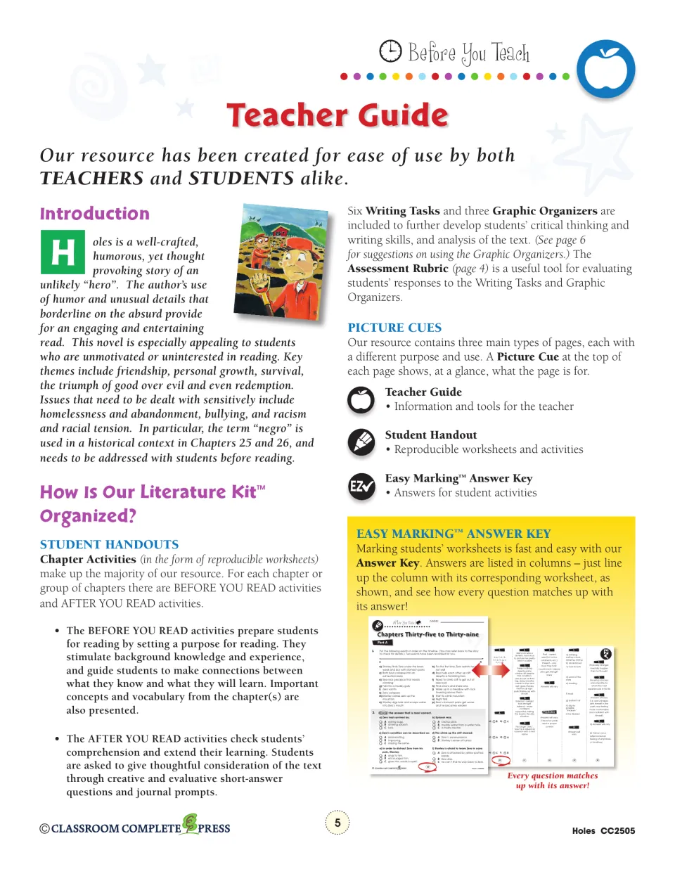 Teacher guide introduces novel themes and explains before- and after-reading activities and the answer key