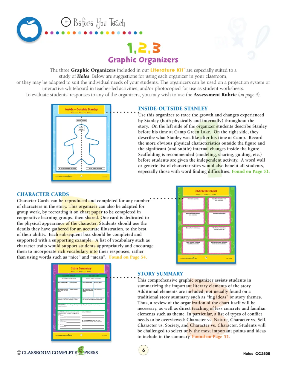 Teacher guide explains three graphic organizers: Inside-Outside Stanley, Character Cards, and Story Summary