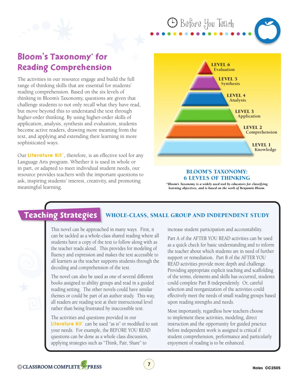 Teacher guide explains Bloom’s six thinking levels and strategies for whole-class, small-group, and independent study