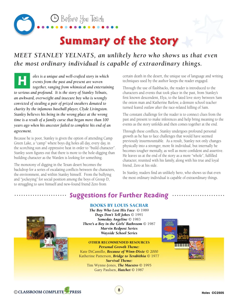 Story summary follows Stanley Yelnats through Camp Green Lake, his friendship with Zero, and personal growth