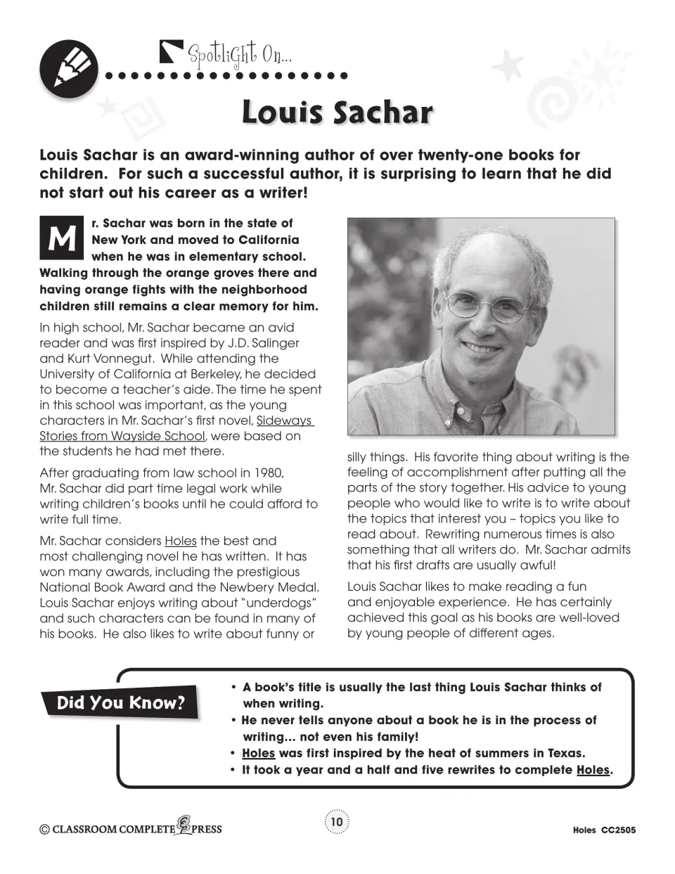Author spotlight introduces Louis Sachar’s childhood, education, writing career, awards, and advice to young writers