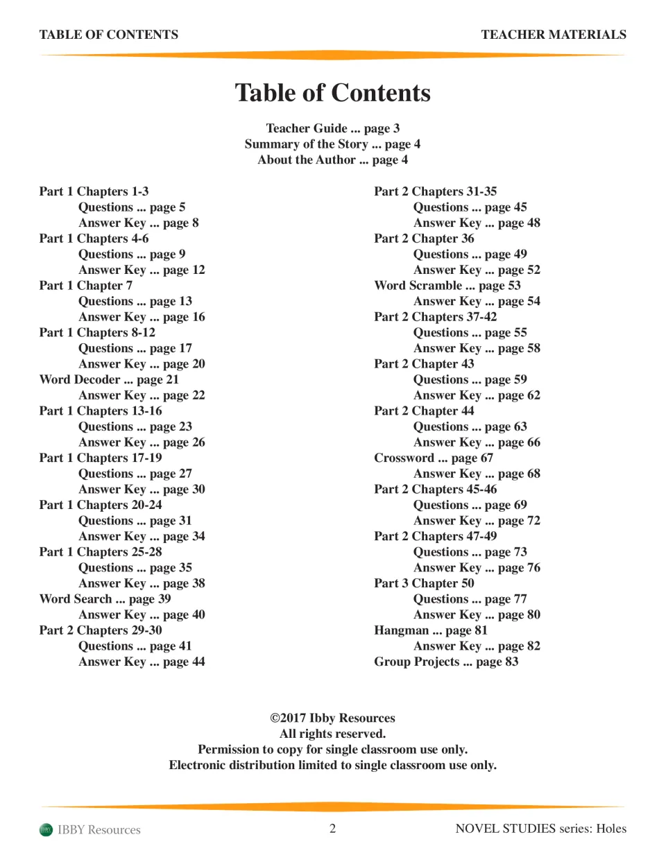 Table of contents listing chapter question sets, answer keys, five word puzzles and group projects with page numbers