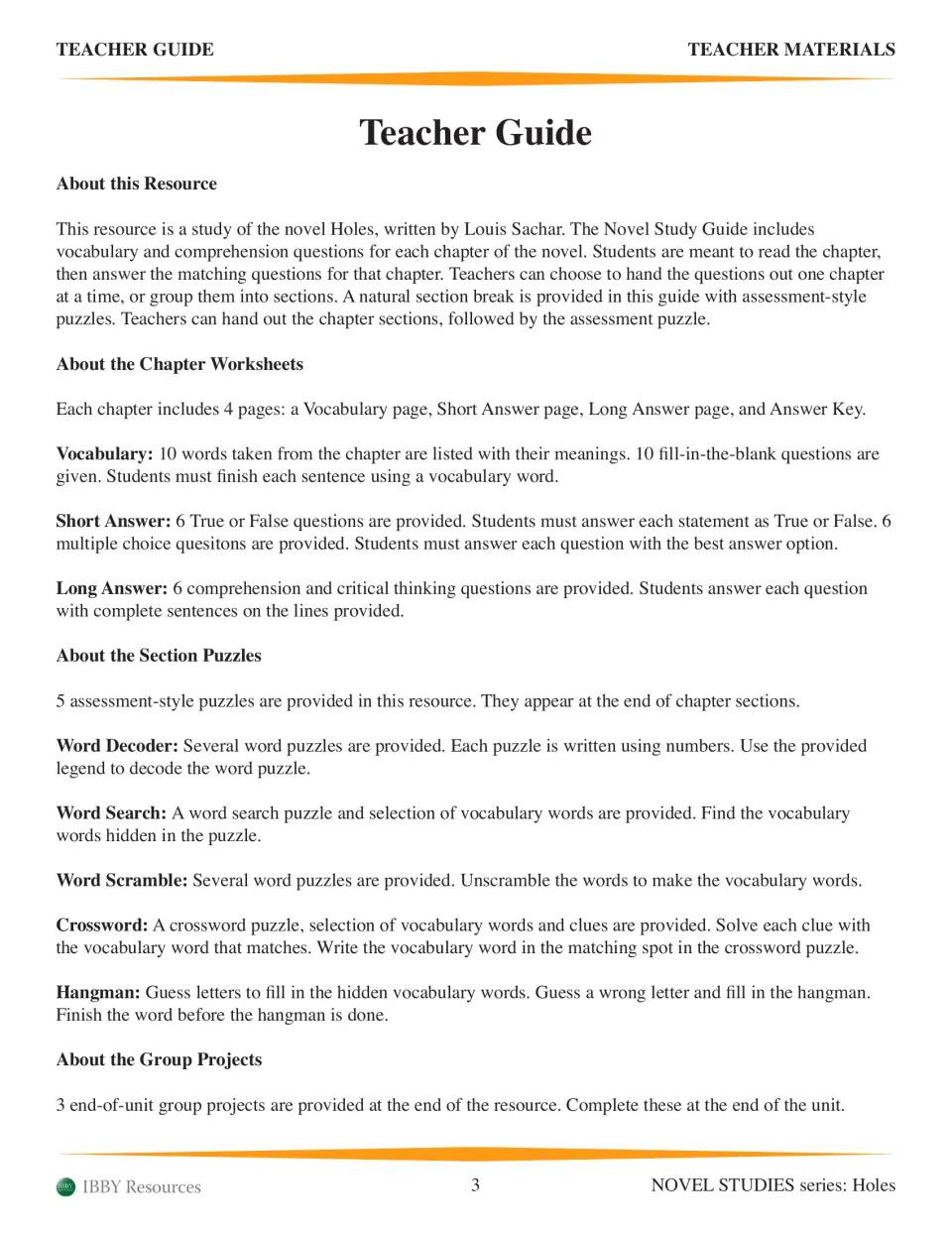 Teacher guide: how each chapter's vocabulary, short answer, long answer and key pages work, plus five word puzzles