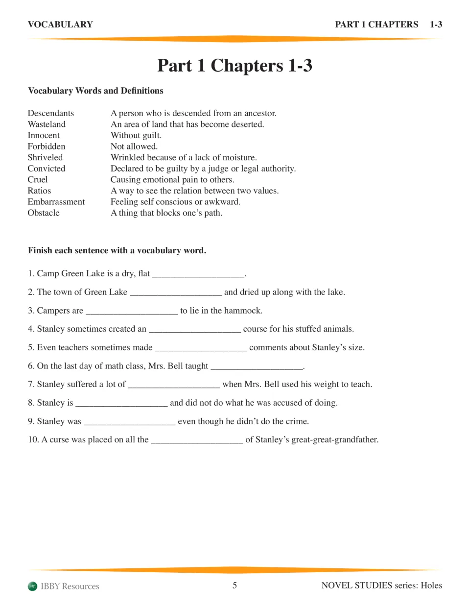 Part 1 Chapters 1-3 vocabulary: words like wasteland and convicted with definitions, then 10 fill-in-the-blank sentences