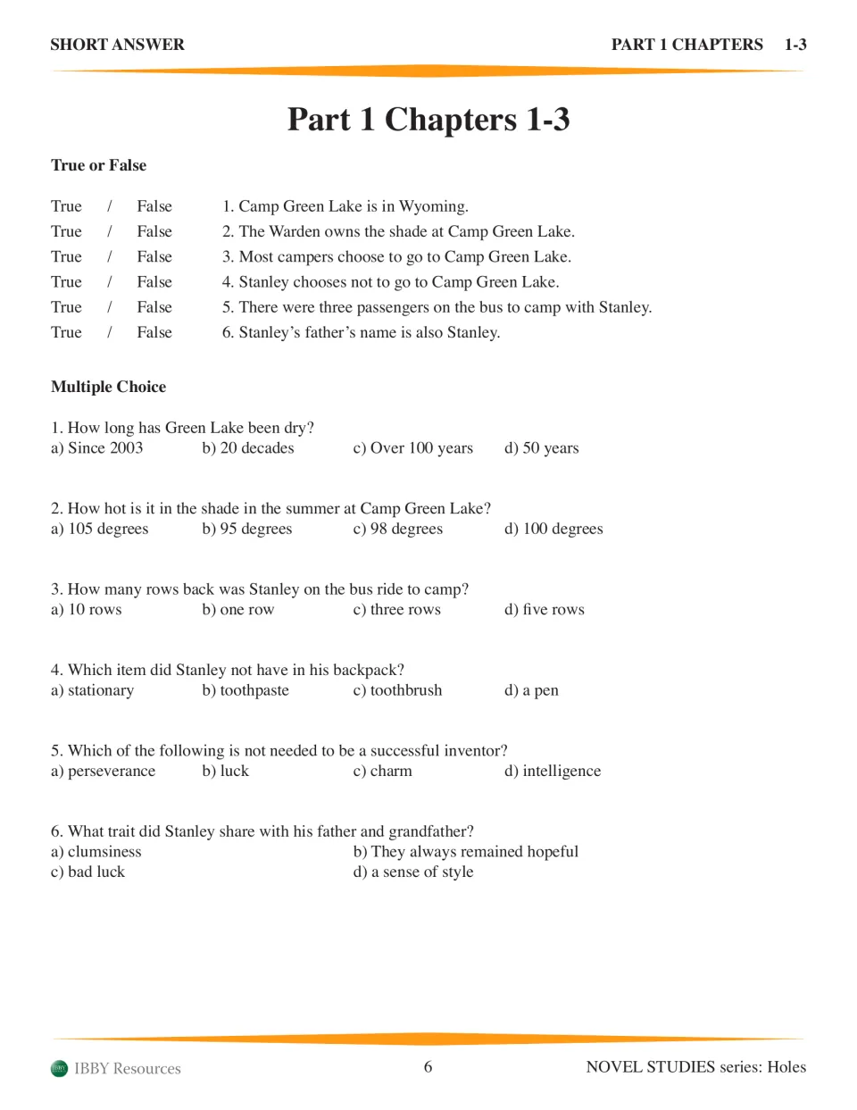 Chapters 1-3 short answer: six true-or-false items and six multiple-choice questions on Camp Green Lake and Stanley
