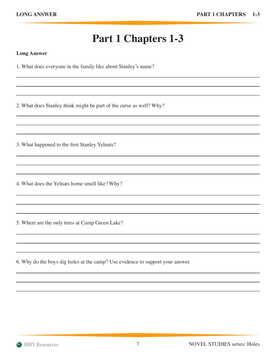 Chapters 1-3 long answer: six written-response questions on Stanley's name, the family curse and why the boys dig holes