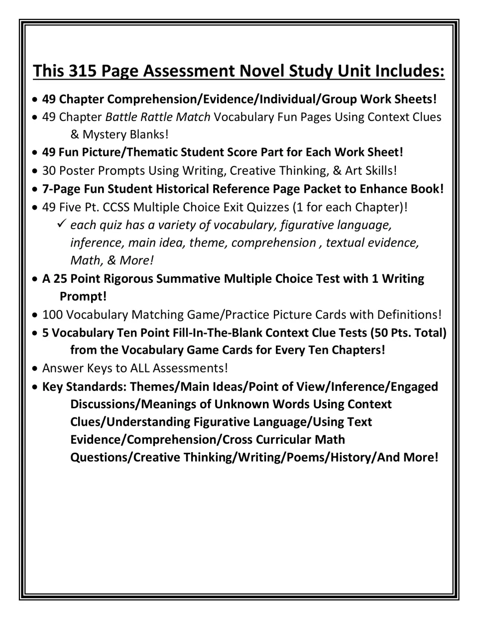 Contents list for a 315-page unit: chapter worksheets, vocabulary match pages, poster prompts, exit quizzes and tests