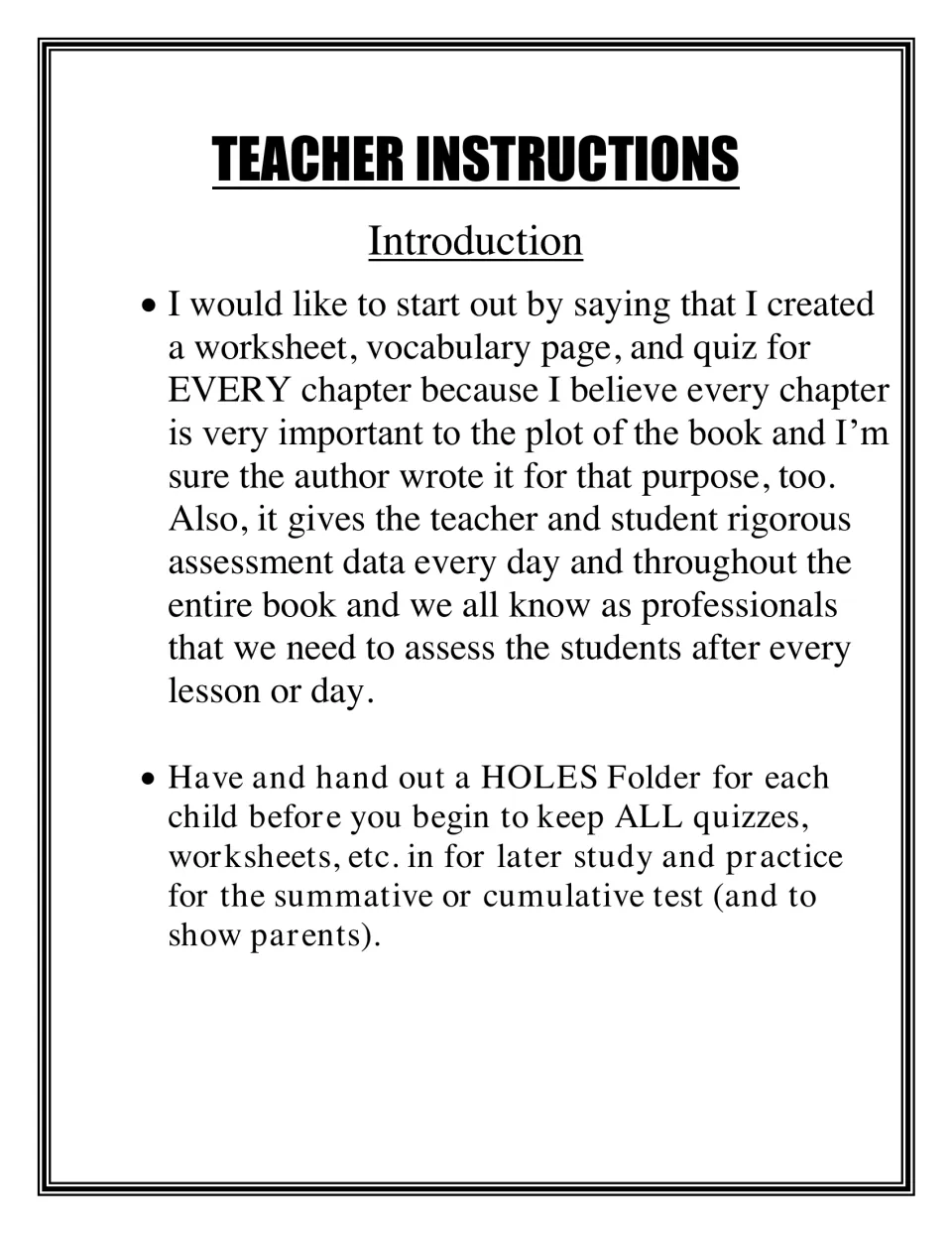 Teacher instructions introduction: why each chapter gets a worksheet, vocabulary page and quiz, plus a student folder tip