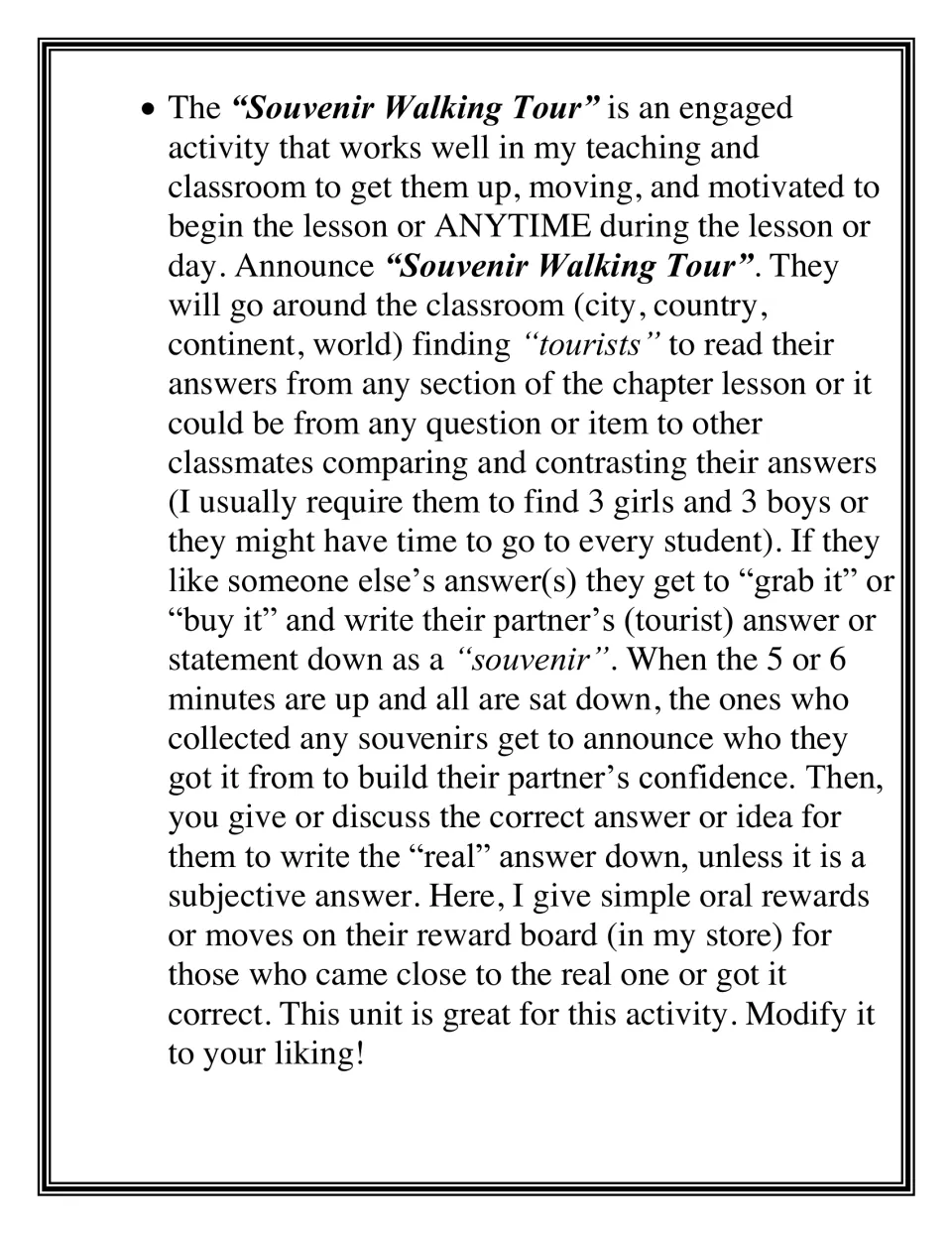 Souvenir Walking Tour directions: students circulate, compare chapter answers with classmates and copy ones they like