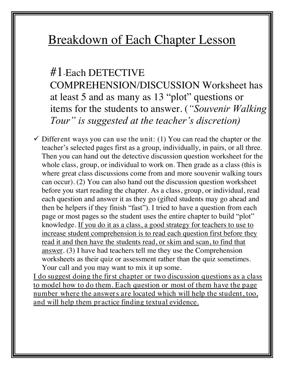 Chapter lesson breakdown: detective comprehension question sheets with 5 to 13 plot questions and three ways to run them