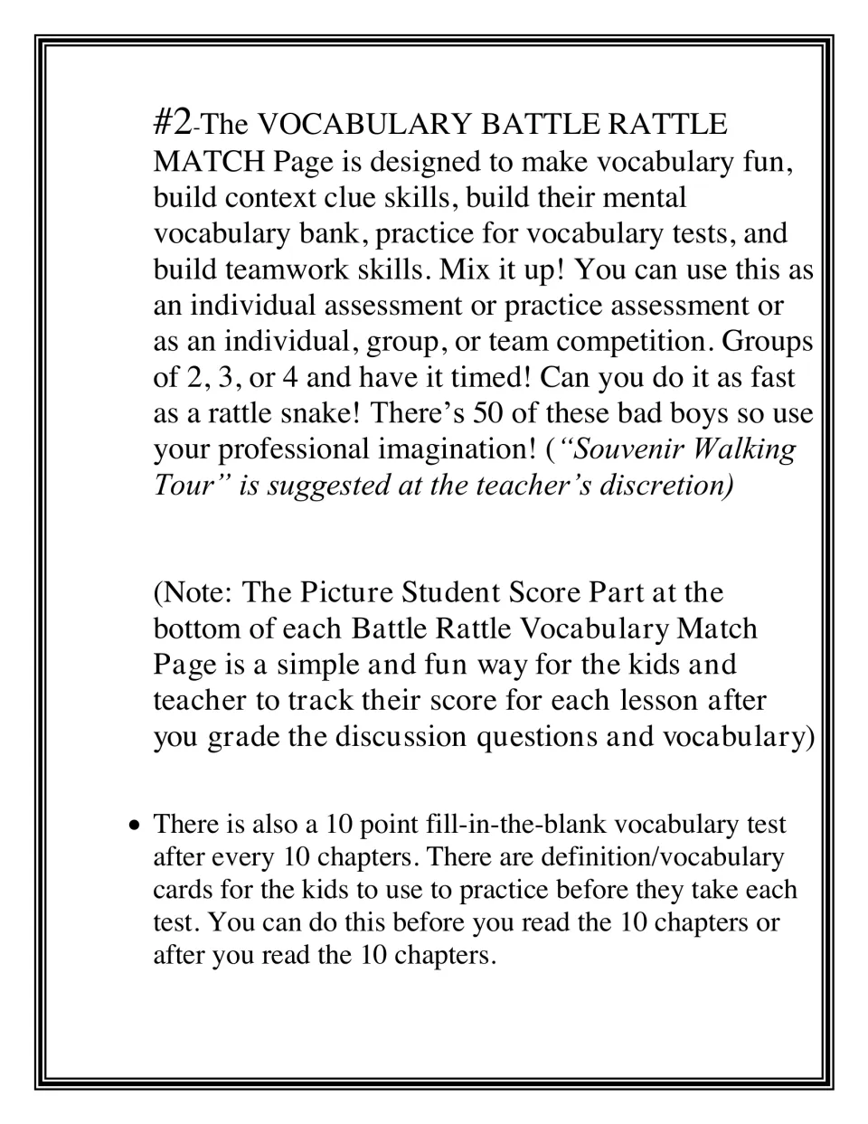 Battle Rattle Match notes: context-clue vocabulary matching for teams, a score strip, and 10-point tests every 10 chapters