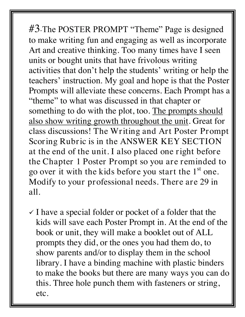 Poster prompt notes: chapter-themed writing and art prompts, a rubric reminder and binding student work into booklets