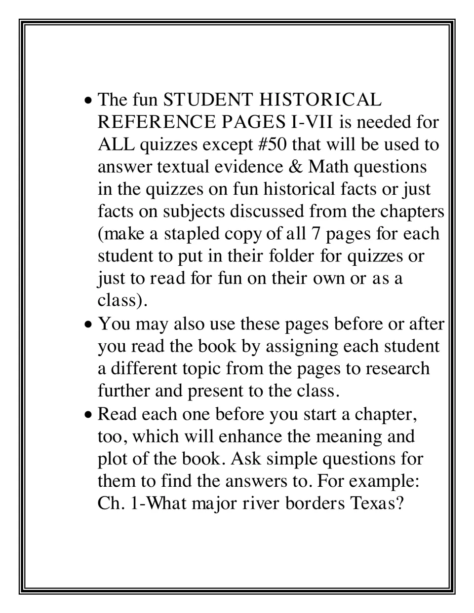 Historical reference page guidance: using the seven fact pages for quiz questions, research topics and pre-chapter reading