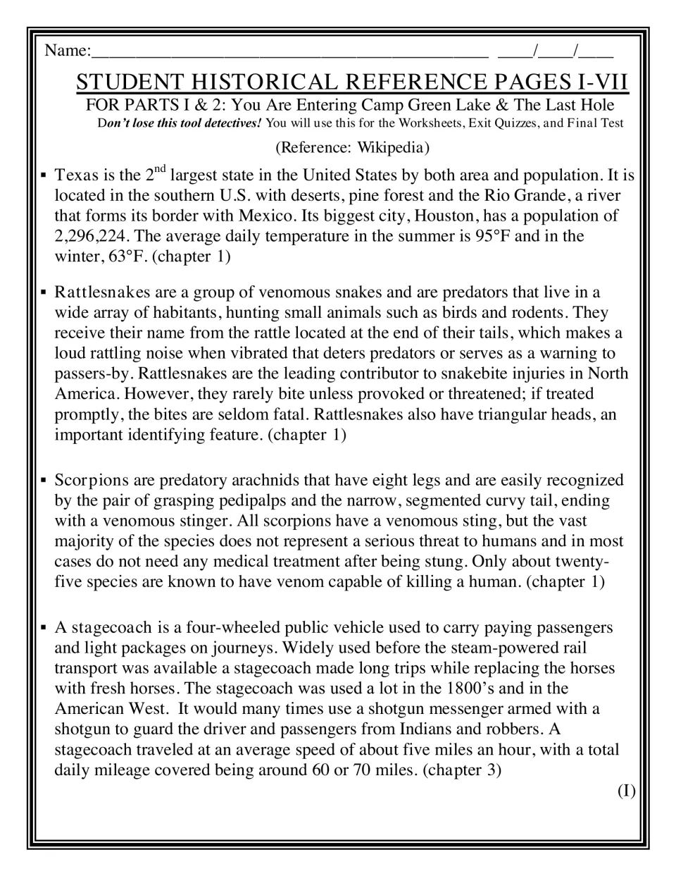 Camp Green Lake reference facts: short readings on Texas, rattlesnakes, scorpions and stagecoaches tied to chapters 1 and 3