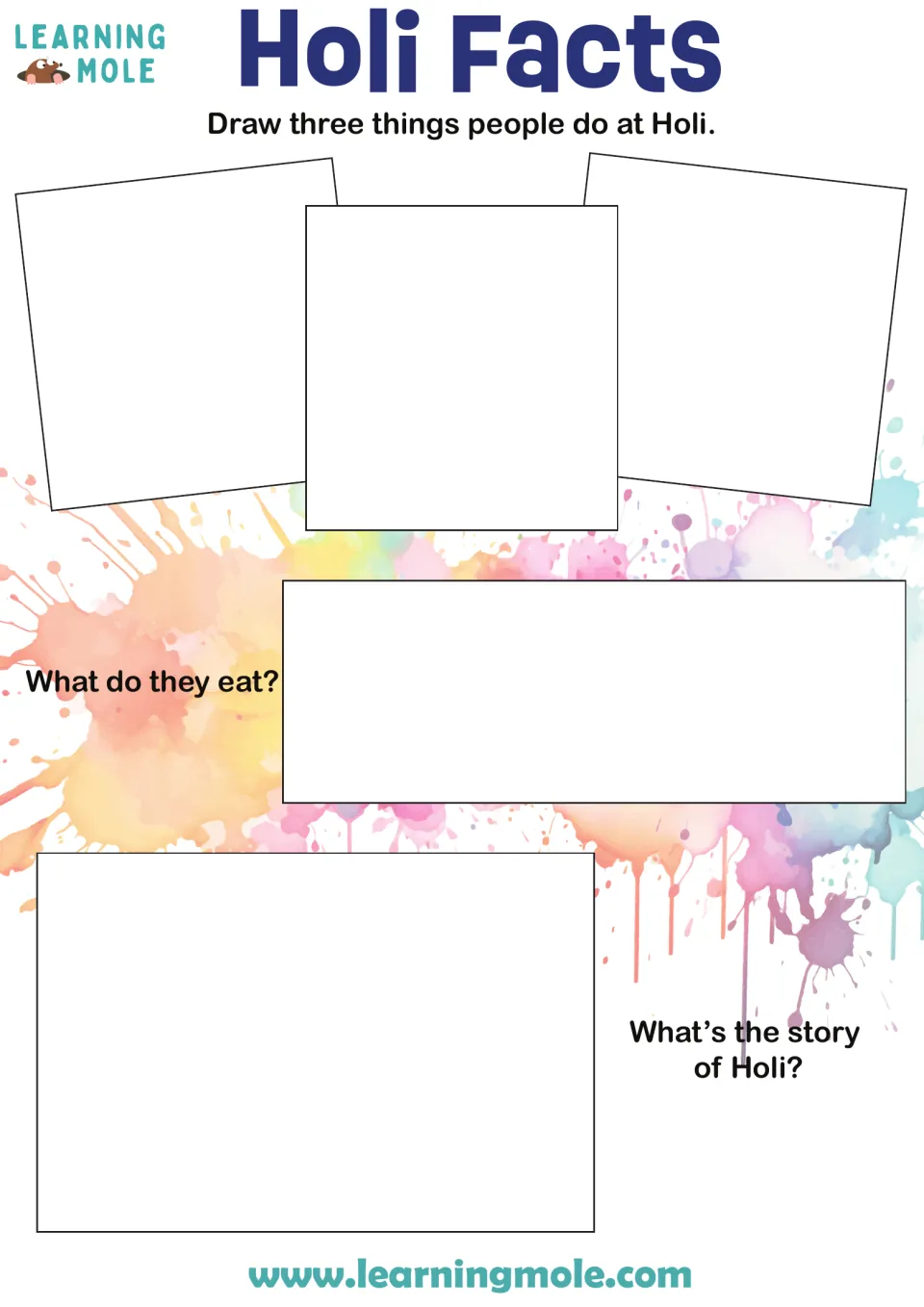 Holi festival facts: students draw three things people do at Holi, then write what they eat and the story of Holi