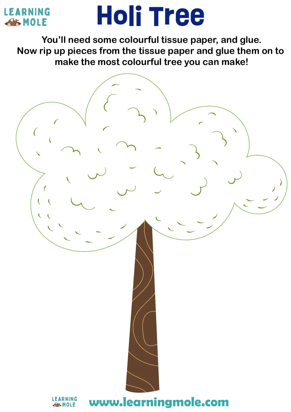 Holi Tree craft: students rip colourful tissue paper and glue pieces onto a blank outline of a tree with a brown trunk