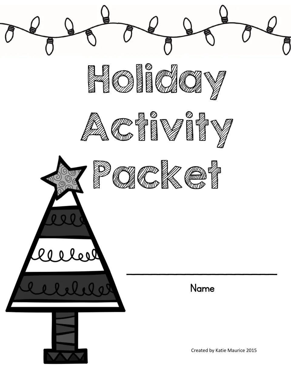 Student cover for the Holiday Activity Packet, with a space for the student's name and a Christmas tree