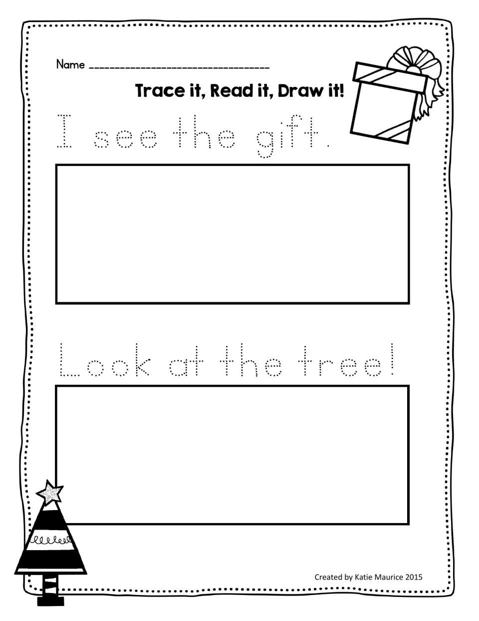 Holiday tracing and reading activity using 'I see the gift.' and 'Look at the tree!' with drawing prompts