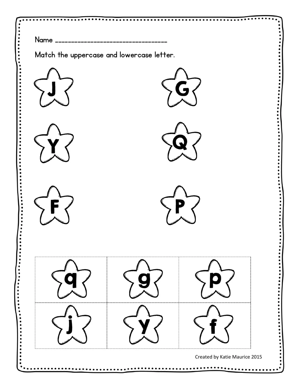 Holiday letter-matching activity pairing uppercase J, Y, F, G, Q, and P with lowercase q, g, p, j, y, and f