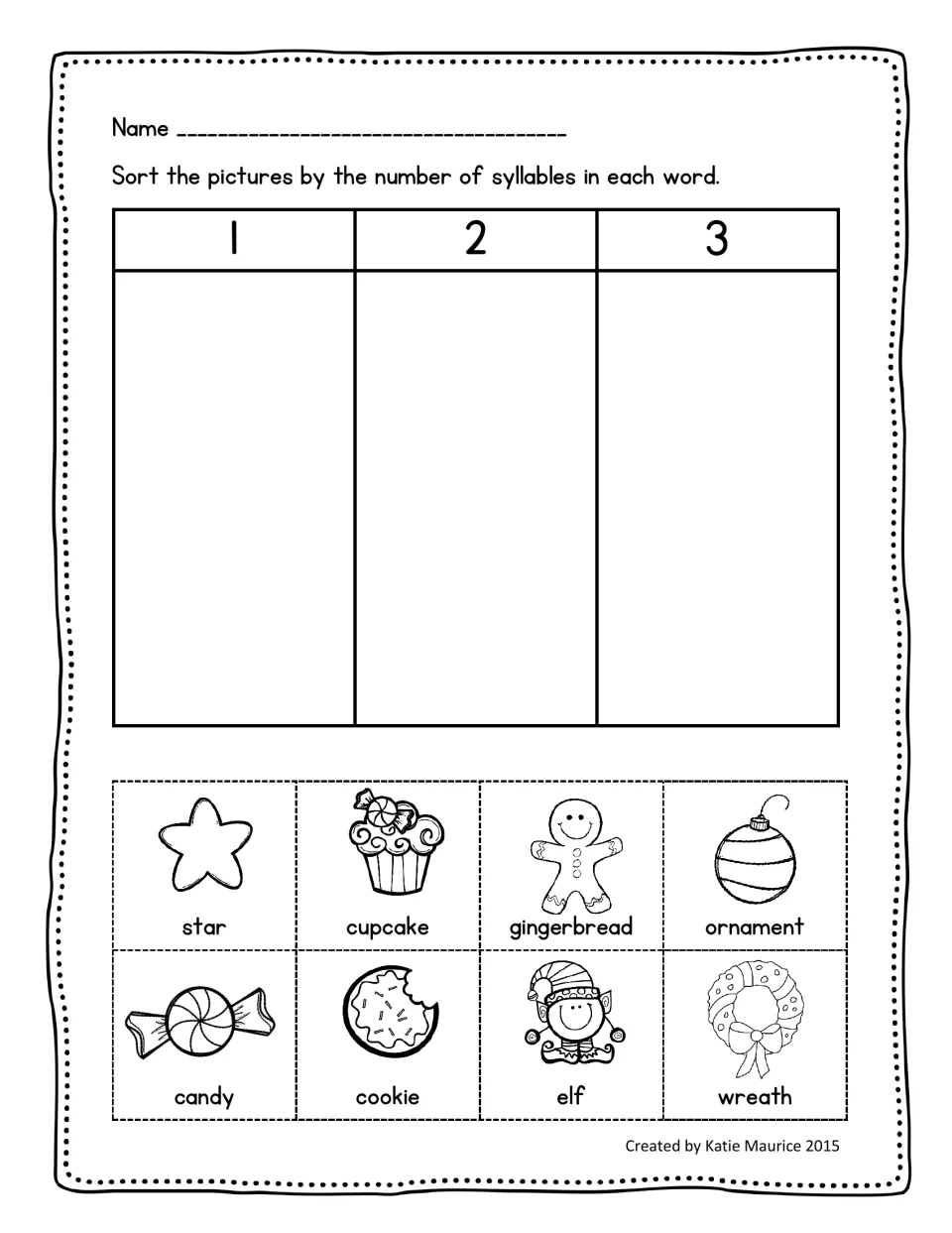 Holiday syllable sort for star, cupcake, gingerbread, ornament, candy, cookie, elf, and wreath into 1, 2, or 3