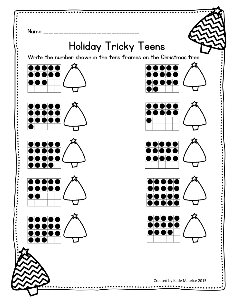 Holiday Tricky Teens math activity asking students to count ten-frame dots and write 10 numbers from 11 to 20