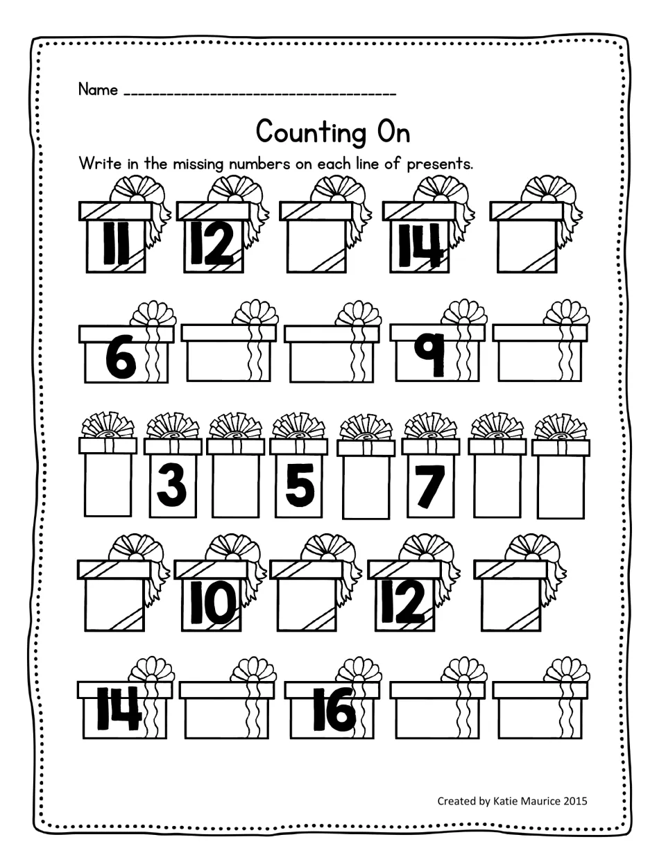 Counting On holiday math activity filling missing numbers in five present sequences, including 11 through 15