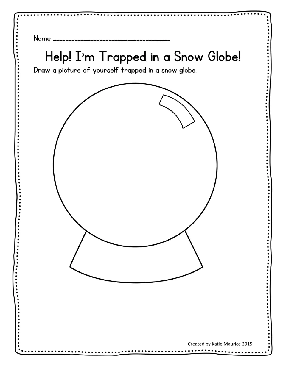 Holiday drawing activity titled 'Help! I’m Trapped in a Snow Globe!' asking students to draw themselves inside