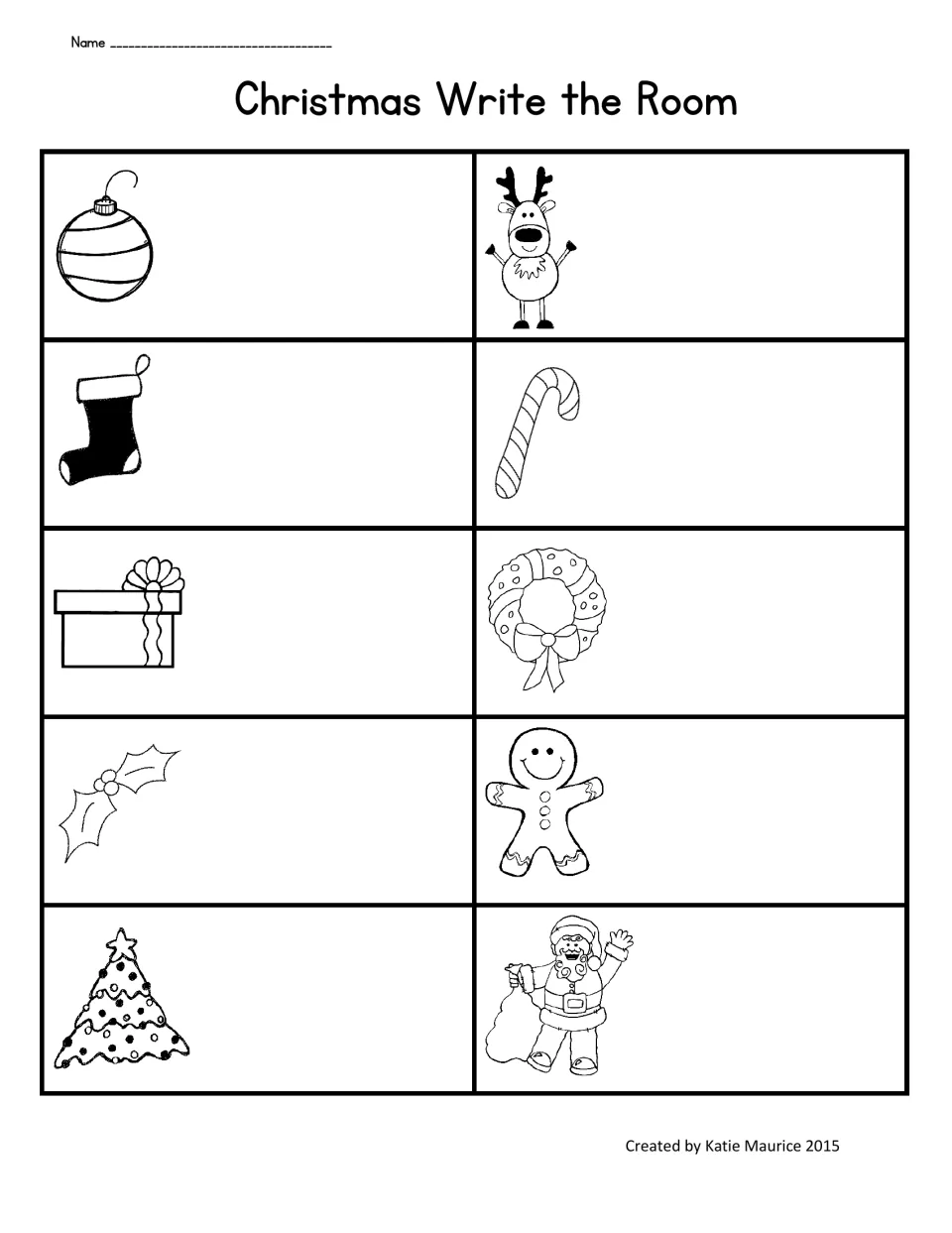Christmas Write the Room recording sheet with 10 picture prompts, including an ornament, stocking, and wreath