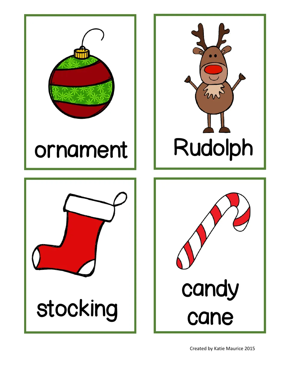 Christmas write-the-room picture-word cards labeled ornament, Rudolph, stocking, and candy cane, four per sheet