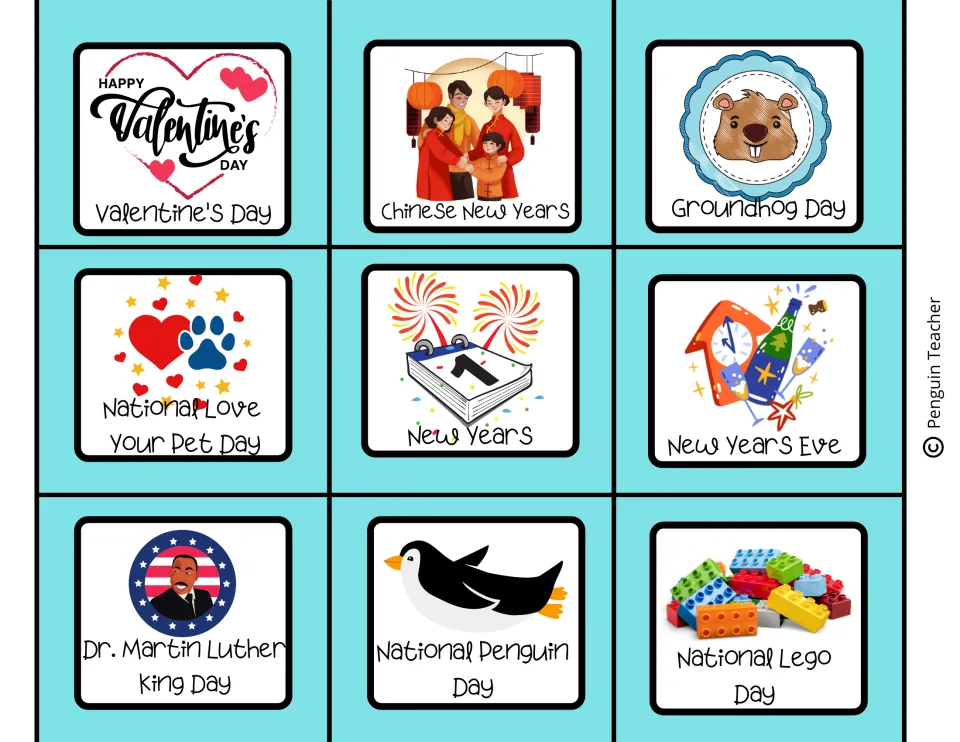 Winter holiday calendar cards to cut out: Valentine's Day, Chinese New Year, Groundhog Day, New Year's Eve and MLK Day