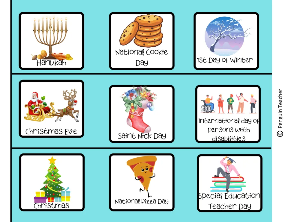 December calendar cards: Hanukah, Christmas Eve, Christmas, Saint Nick Day, 1st Day of Winter and National Cookie Day