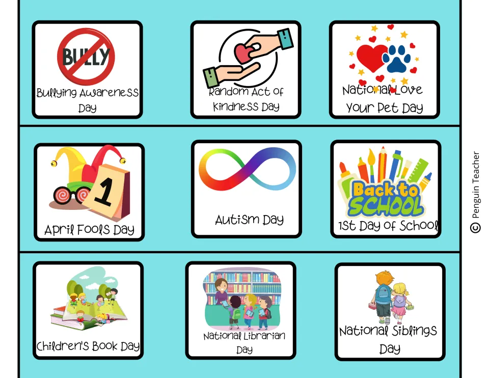 School and awareness day cards: Bullying Awareness, Random Act of Kindness, Autism Day and Children's Book Day