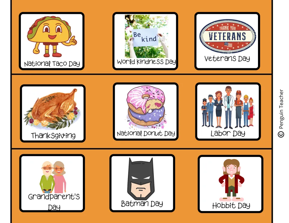 Fall calendar cards: Thanksgiving, Veterans Day, Labor Day, World Kindness Day, Grandparent's Day, Taco Day and Hobbit Day