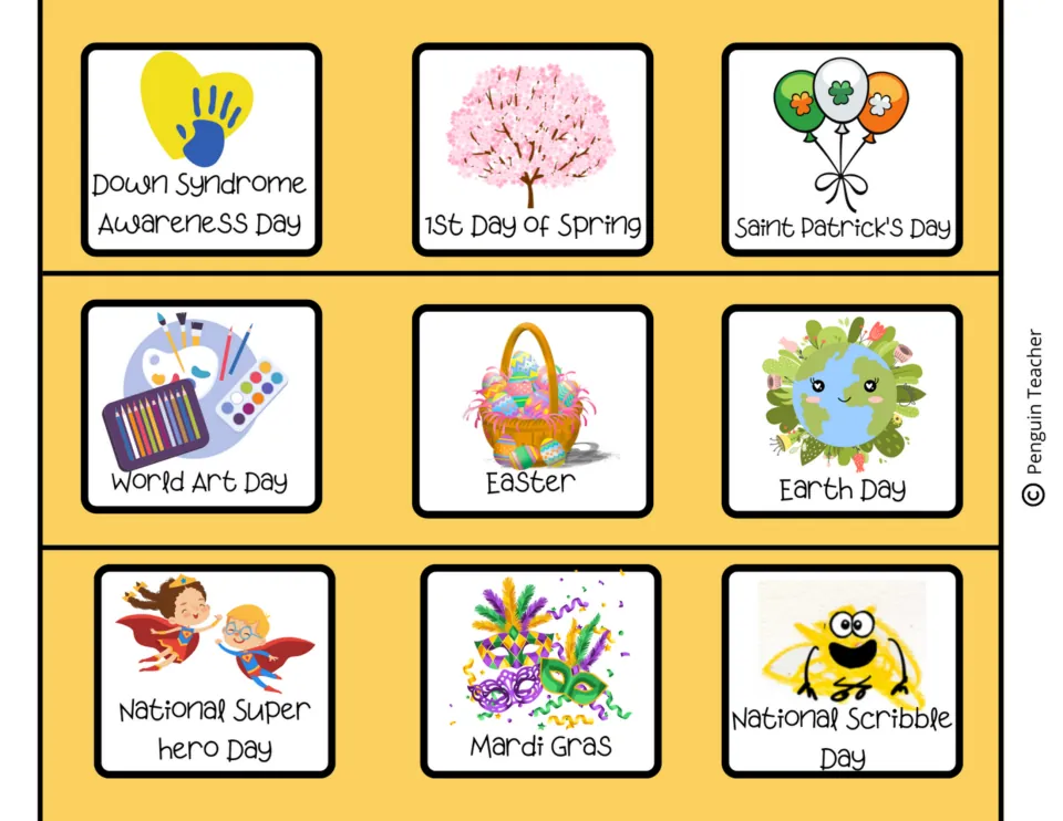 Calendar cards: 1st Day of Spring, Saint Patrick's Day, Easter, Earth Day, Mardi Gras and Down Syndrome Awareness Day