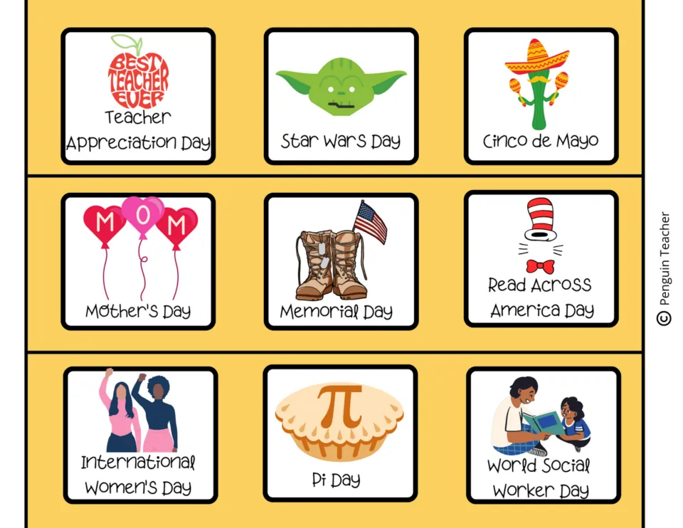 Calendar cards for Teacher Appreciation Day, Cinco de Mayo, Mother's Day, Memorial Day, Read Across America and Pi Day