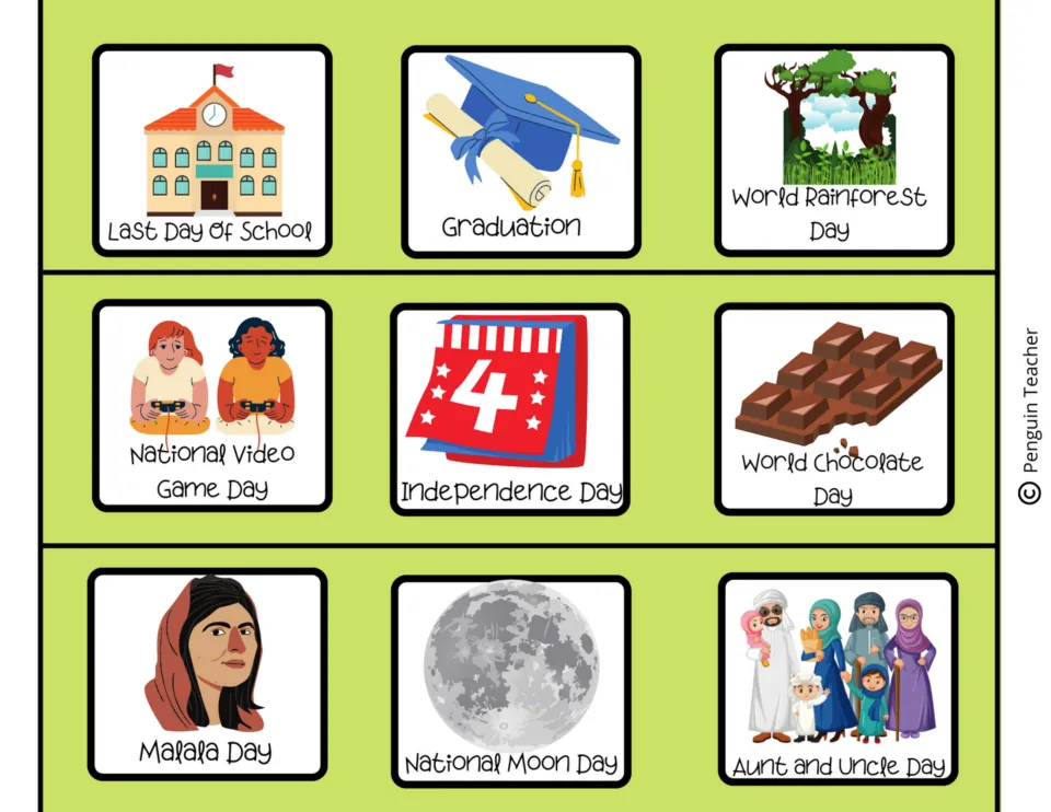 Summer calendar cards: Last Day of School, Graduation, Independence Day, Malala Day, Moon Day and World Chocolate Day