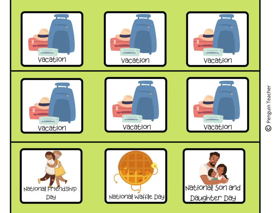 Six Vacation calendar cards with luggage, plus Friendship Day, Waffle Day and National Son and Daughter Day