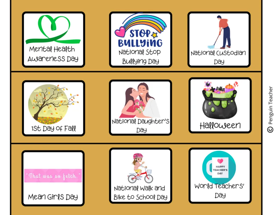 Autumn calendar cards: Mental Health Awareness Day, Stop Bullying Day, 1st Day of Fall, Halloween and Teachers' Day