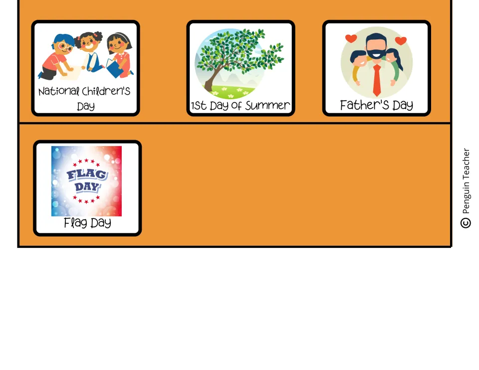June calendar cards for National Children's Day, 1st Day of Summer, Father's Day and Flag Day