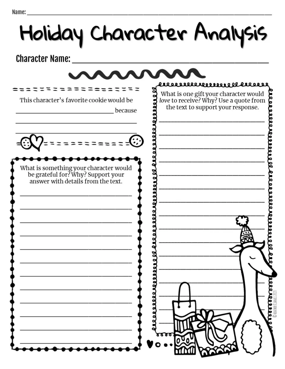 Holiday character analysis: students pick a character's favorite cookie, a gift and gratitude, citing text evidence