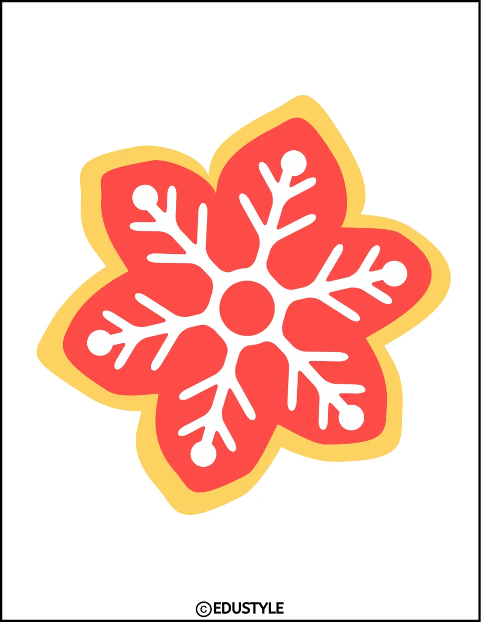 Winter decoration: one large red snowflake shape with white branching arms and a yellow outline, printed as a cut-out