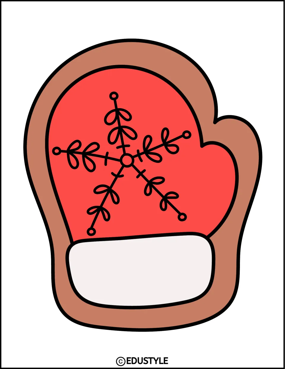 Winter decoration: one large red mitten with a doodled snowflake and white cuff, thumb on the right as a mirror-image match