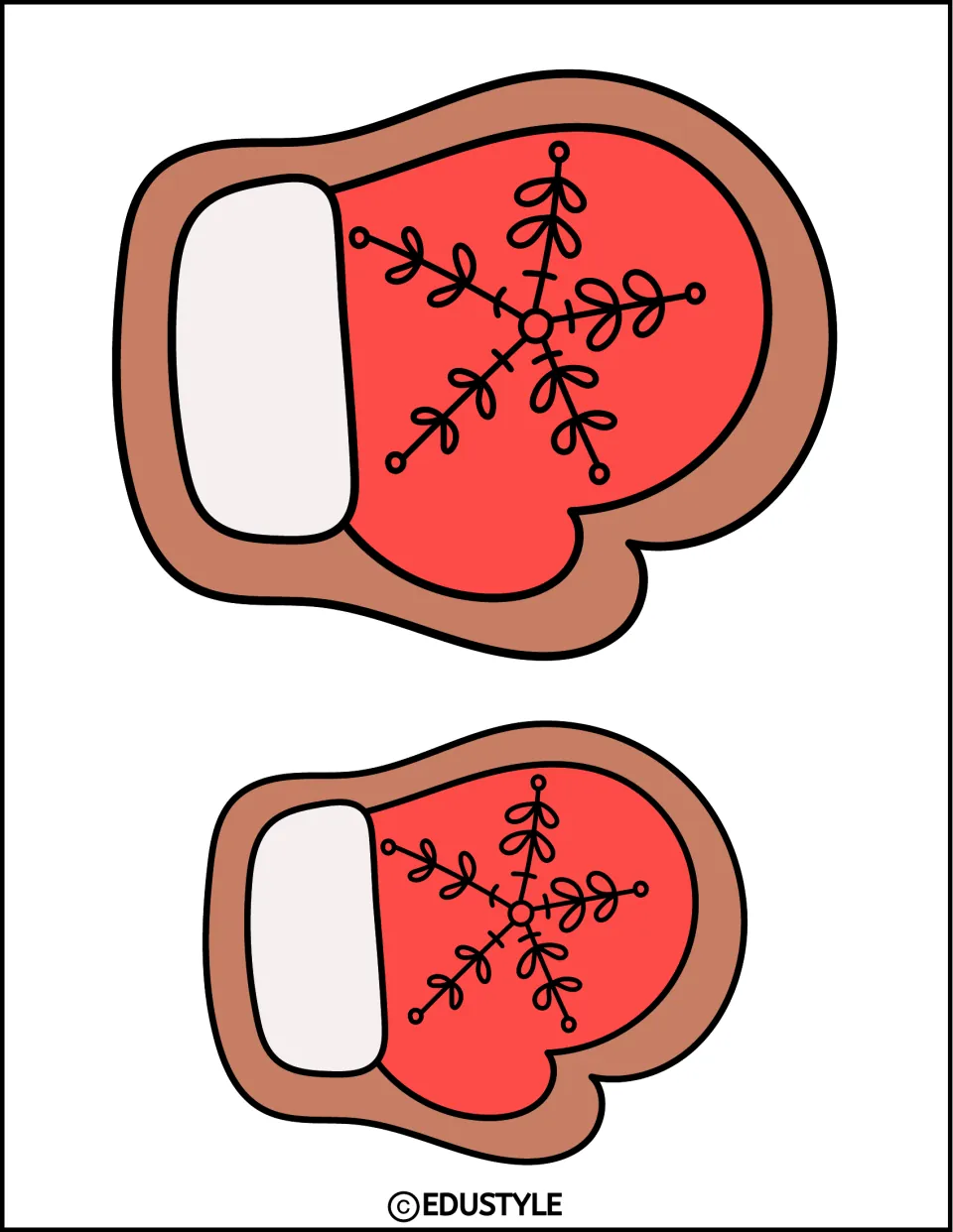 Winter decoration: two red mittens lying sideways, thumbs pointing down, with snowflake doodles and white cuffs, to cut out