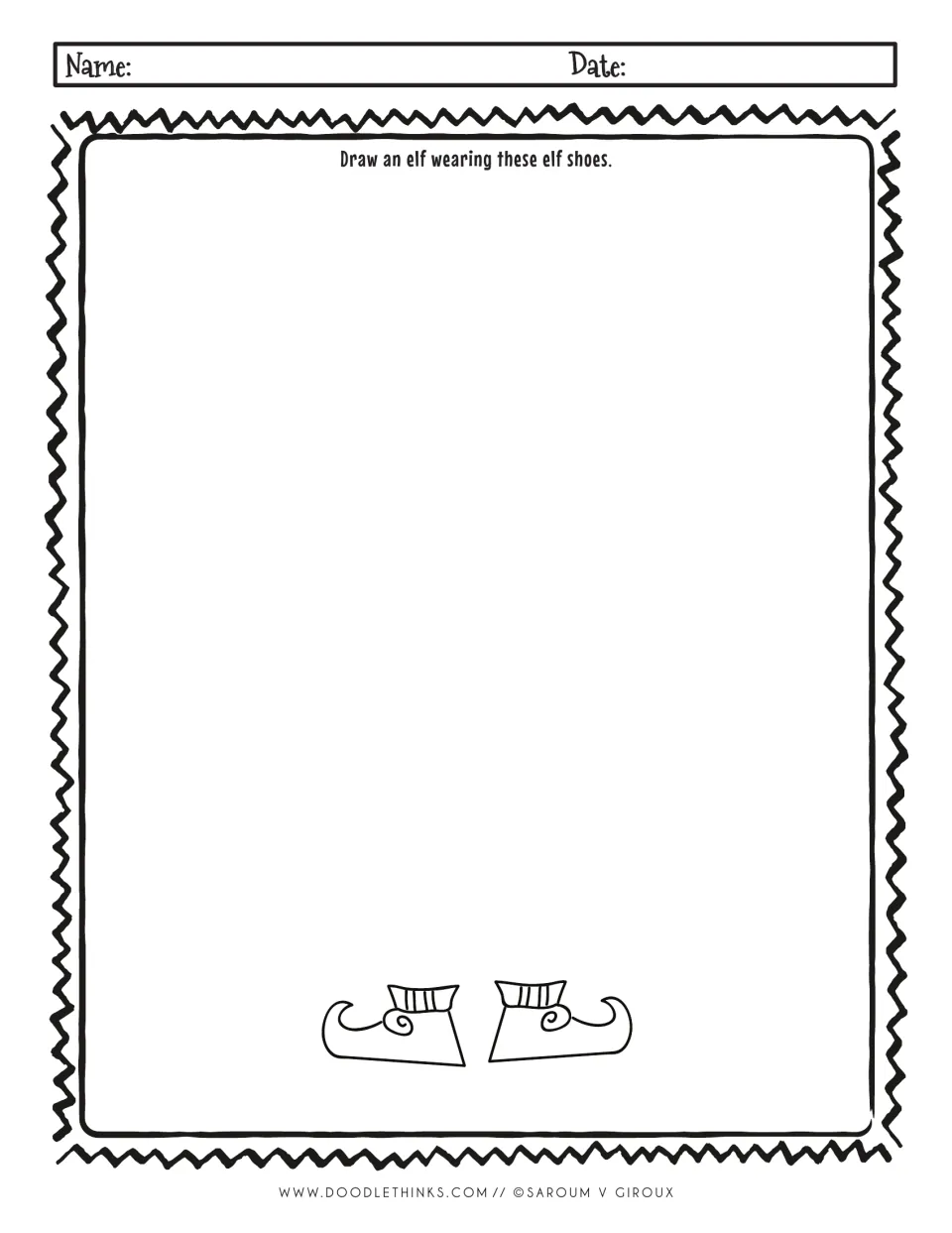 Elf drawing prompt: students draw an elf wearing the pair of curly-toed elf shoes with striped cuffs at the bottom
