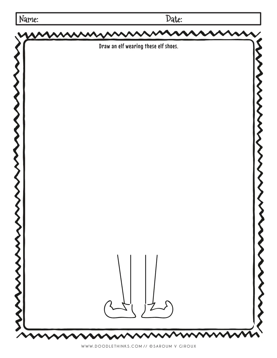 Elf drawing prompt: students build an elf onto two long thin legs wearing small curled-toe shoes